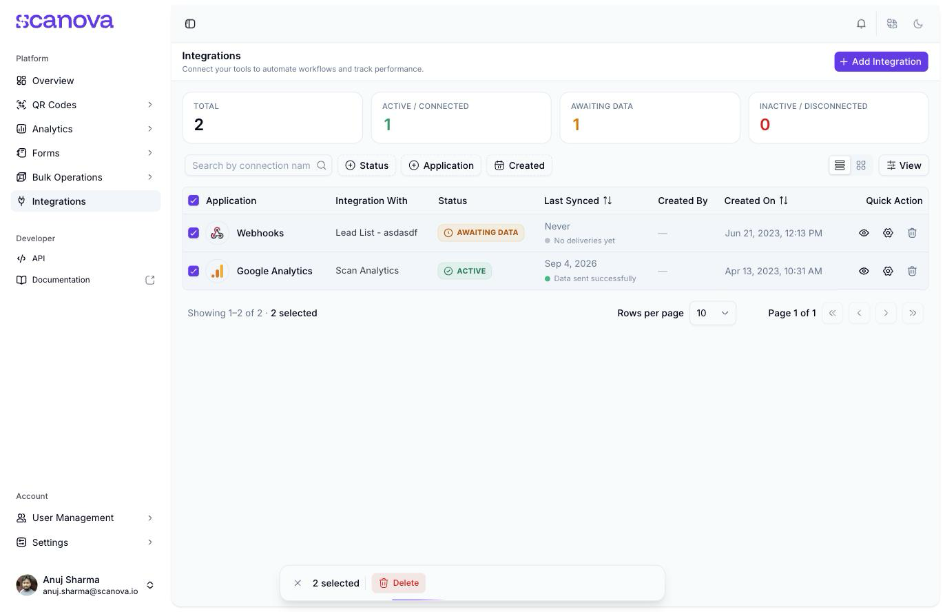 Integrations table with both rows selected via checkboxes and a floating toolbar reading '2 selected' with a Delete