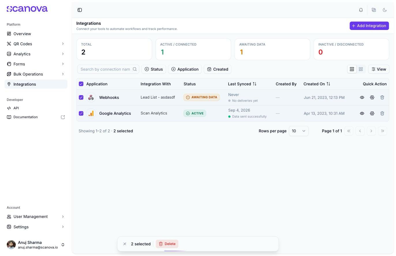 Integrations table with both rows selected via checkboxes and a floating toolbar reading '2 selected' with a Delete