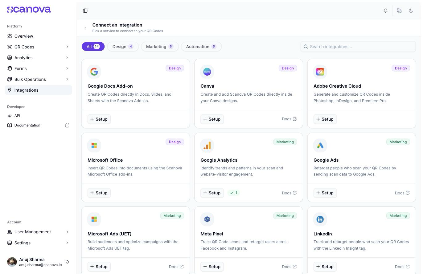 Connect an Integration catalog showing All, Design, Marketing, and Automation category tabs, a search box