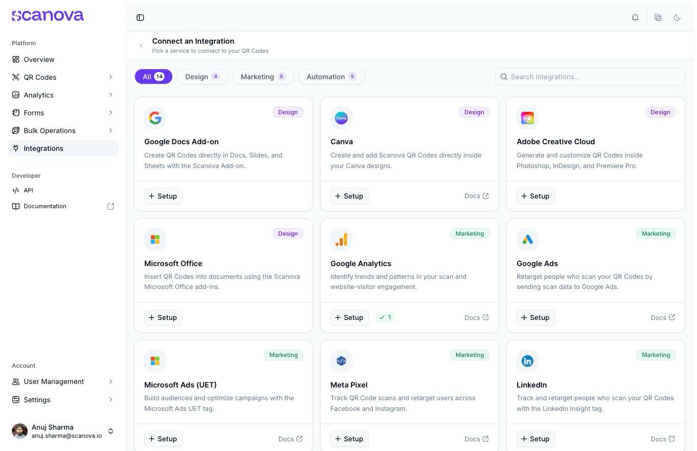 Connect an Integration catalog showing All, Design, Marketing, and Automation category tabs, a search box