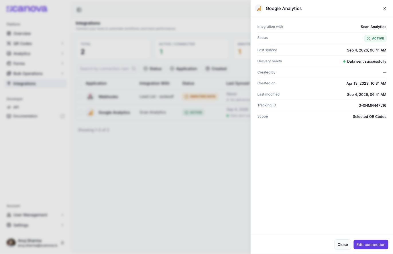 View drawer for a Google Analytics connection showing Integration with, Status, Last synced, Delivery health