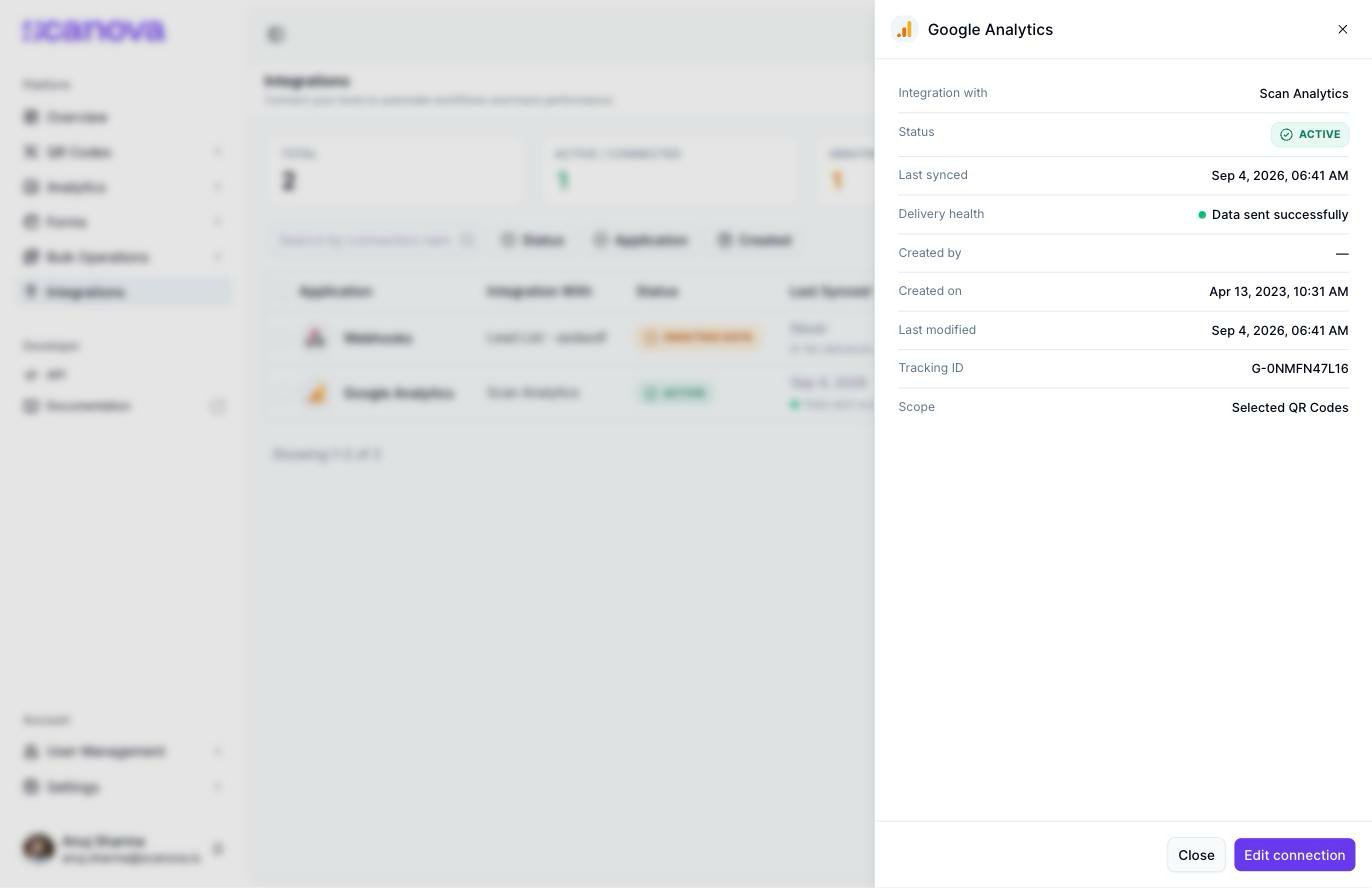 View drawer for a Google Analytics connection showing Integration with, Status, Last synced, Delivery health