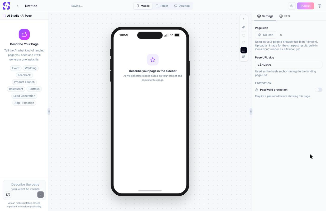 AI Studio prompt screen showing the Describe Your Page panel with example prompt chips