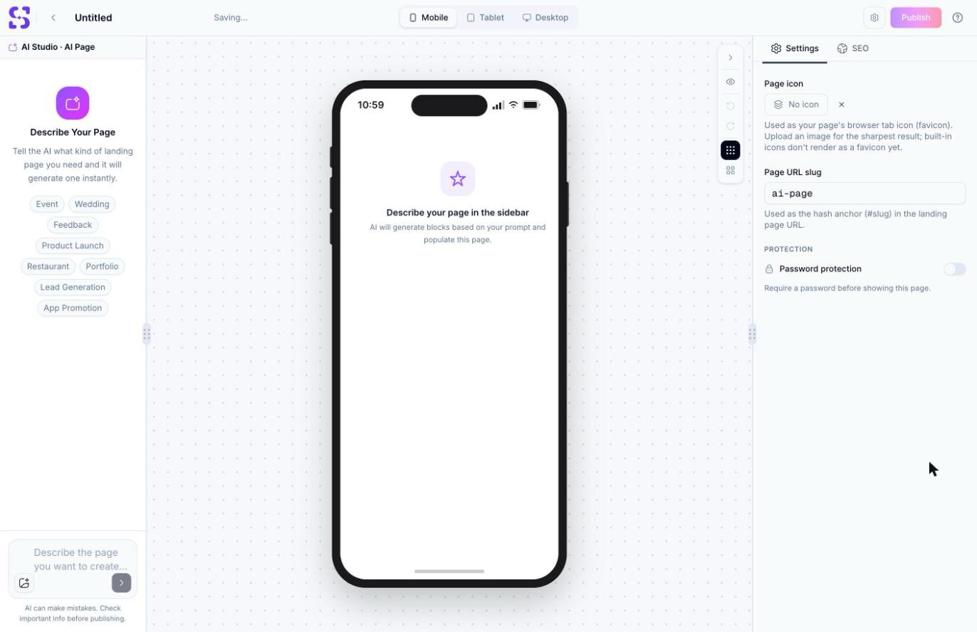 AI Studio prompt screen showing the Describe Your Page panel with example prompt chips
