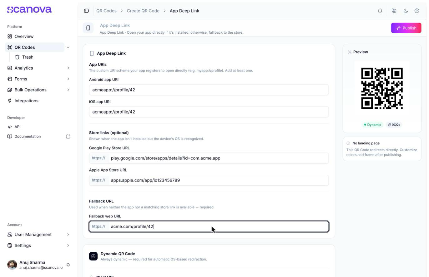 App Deep Link Quick Code form with Android and iOS app URIs, optional store links, a required fallback URL