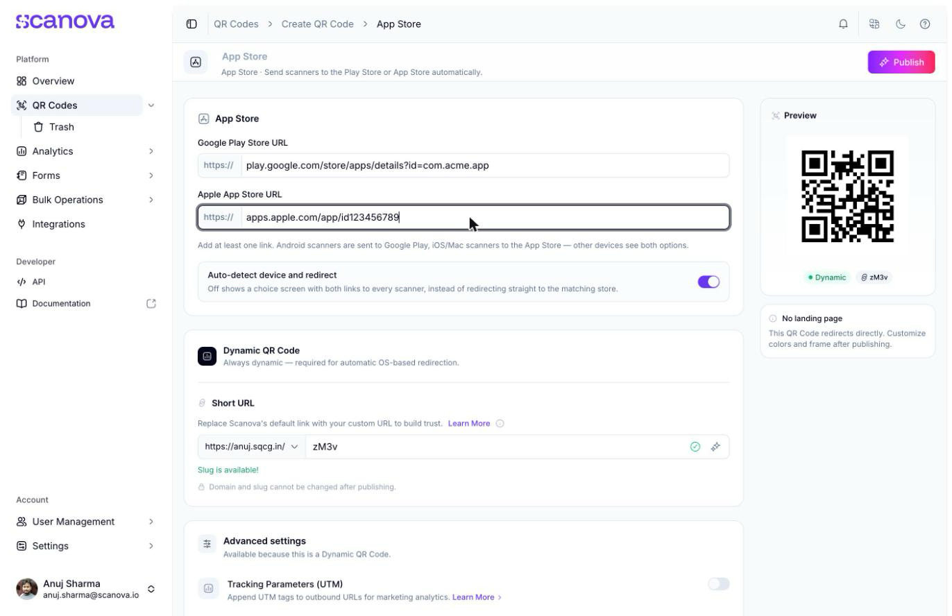 App Store Quick Code form with Google Play and Apple App Store URLs filled in, the auto-detect toggle