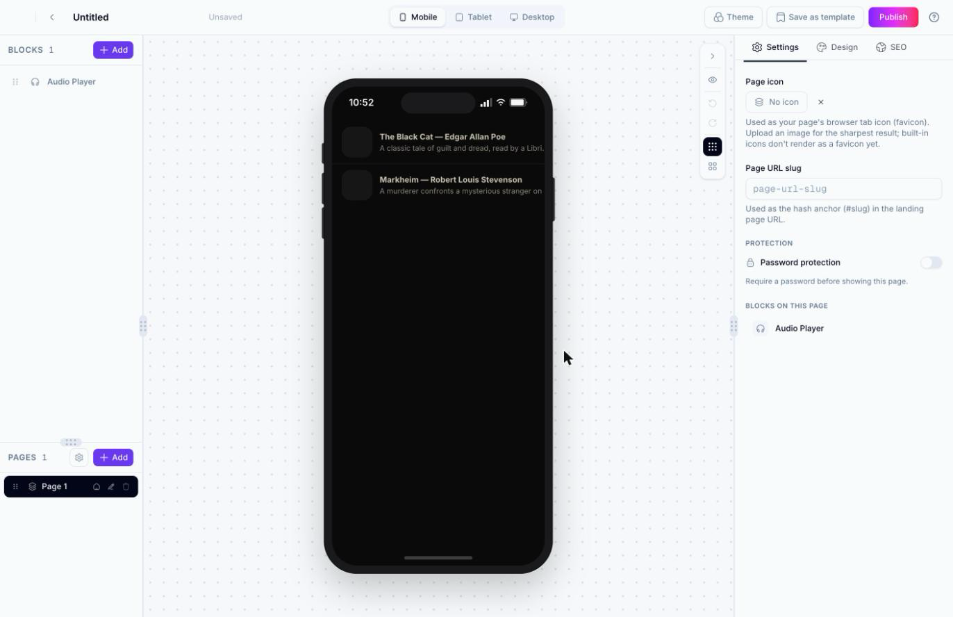 Canevas du page builder montrant le modèle audio Short Story Narration avec un unique bloc Audio Player listant deux histoires narrées