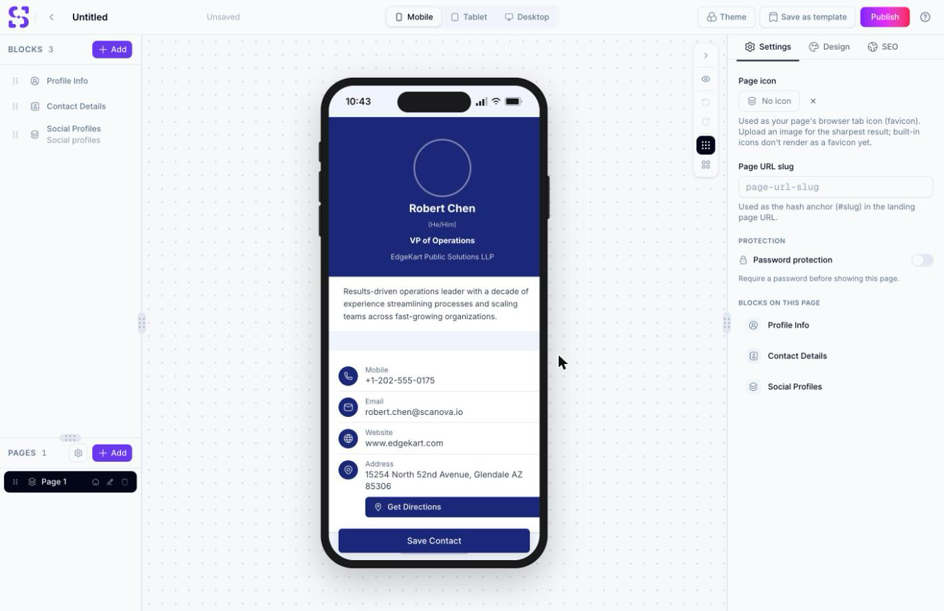 لوحة منشئ الصفحات تعرض قالب بطاقة العمل Corporate بكتل Profile Info وContact Details وSocial Profiles، وزر Save Contact في المعاينة