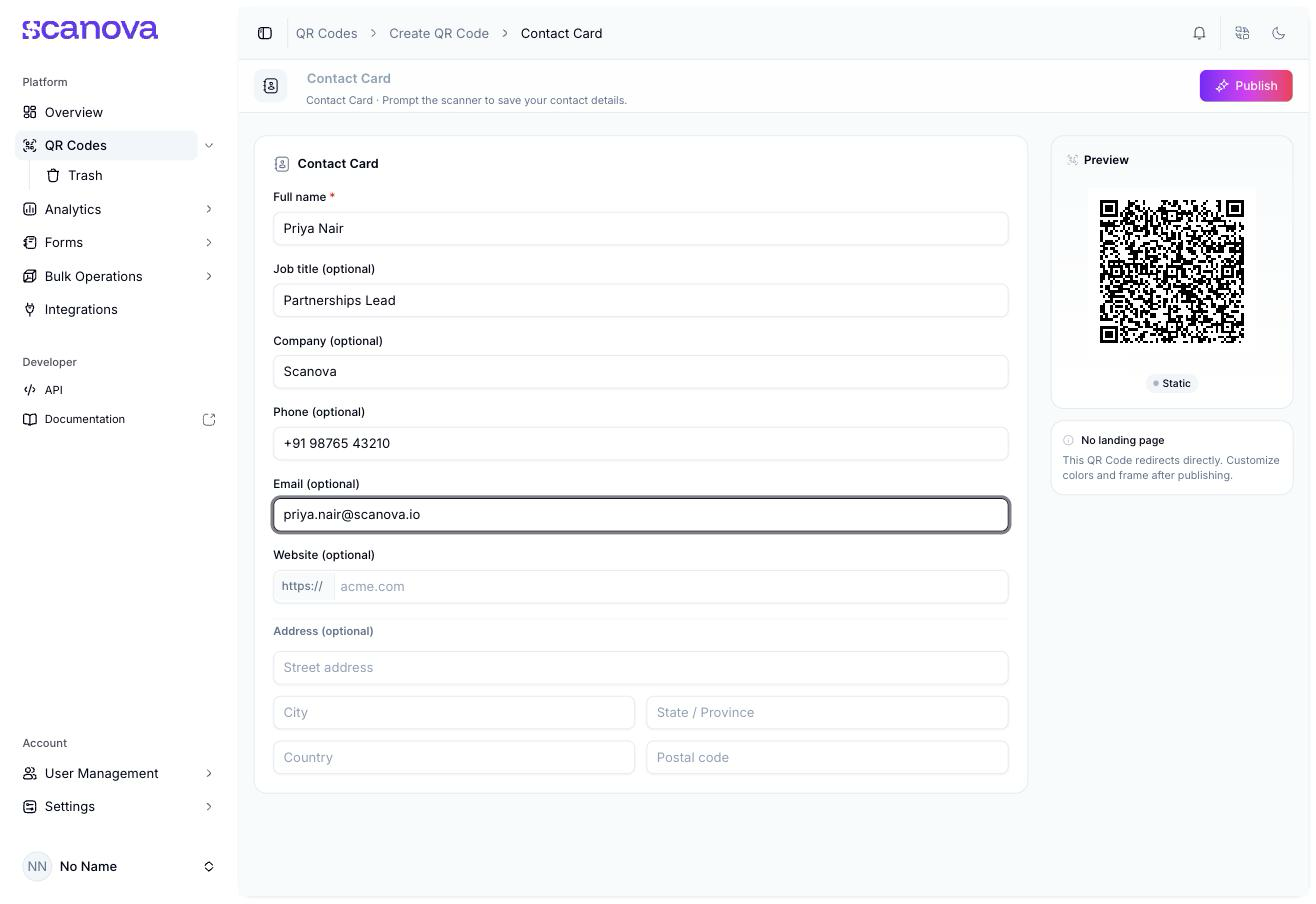 Contact Card Quick Code form filled in with Priya Nair, Partnerships Lead, Scanova, a phone number