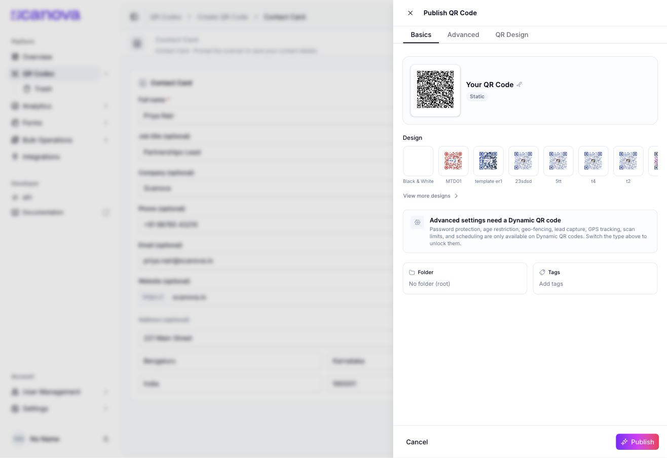 Publish QR Code panel for a Contact Card showing a Static badge, a design picker