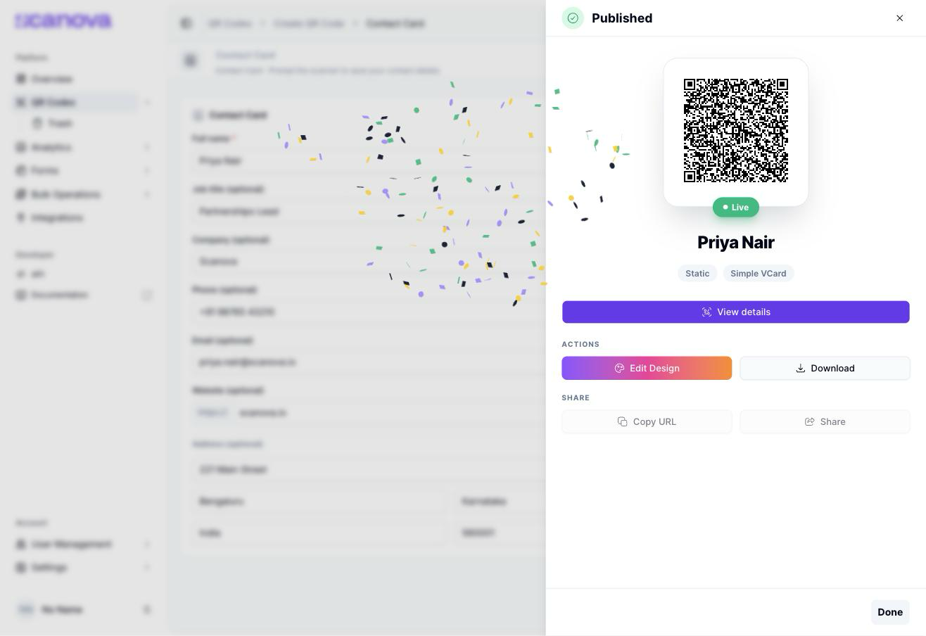 Published confirmation panel for a Contact Card QR Code named Priya Nair, showing a Live badge