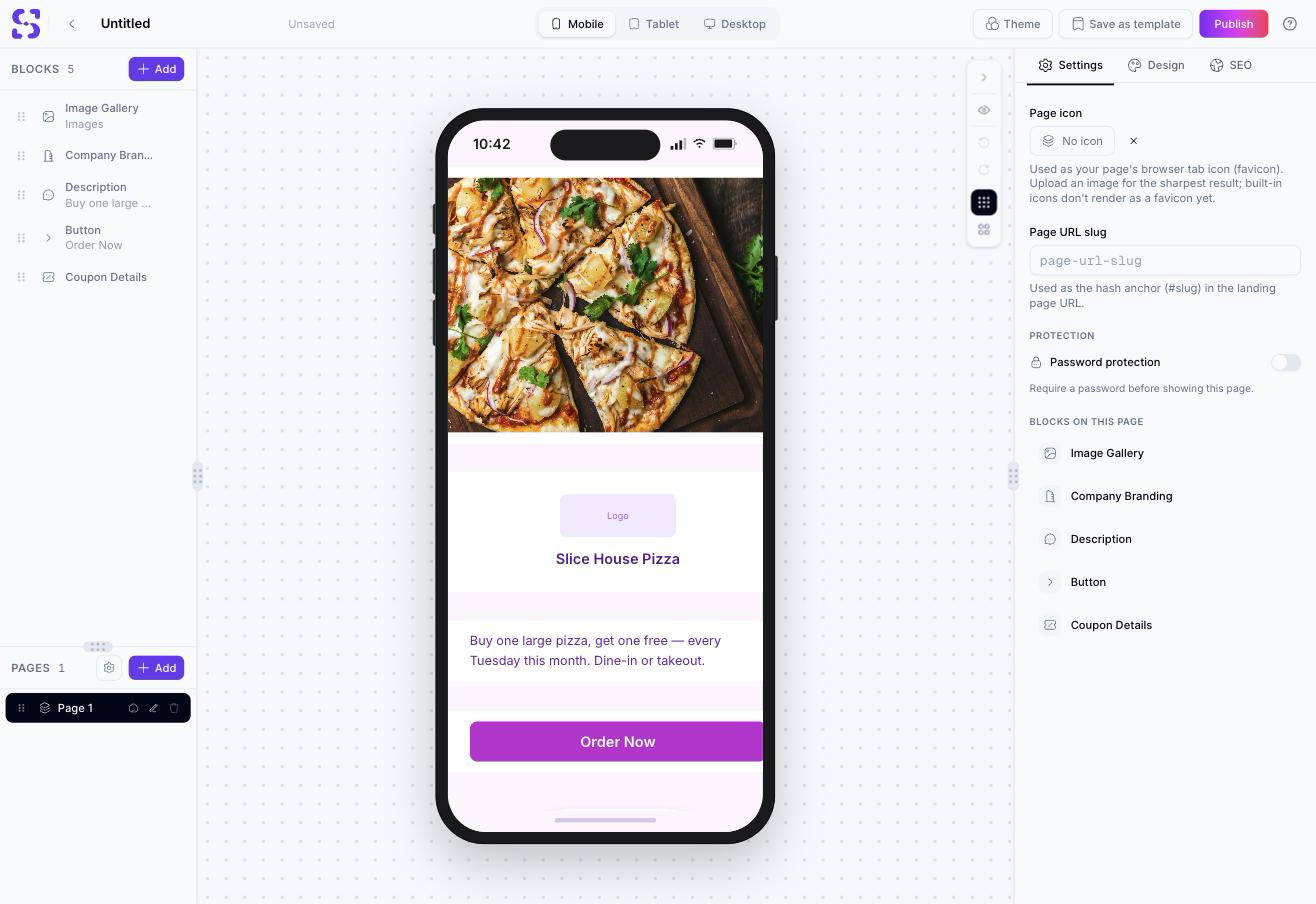 لوحة منشئ الصفحات تعرض قالب القسيمة Food Deal بكتل Image Gallery وCompany Branding وDescription وButton وCoupon Details مُدرجة في اللوحة اليسرى