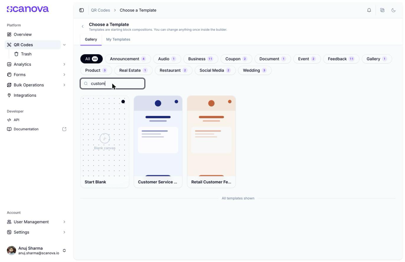 模板画廊搜索框显示 'No templates match «custom»'，仅剩 Start Blank 可见