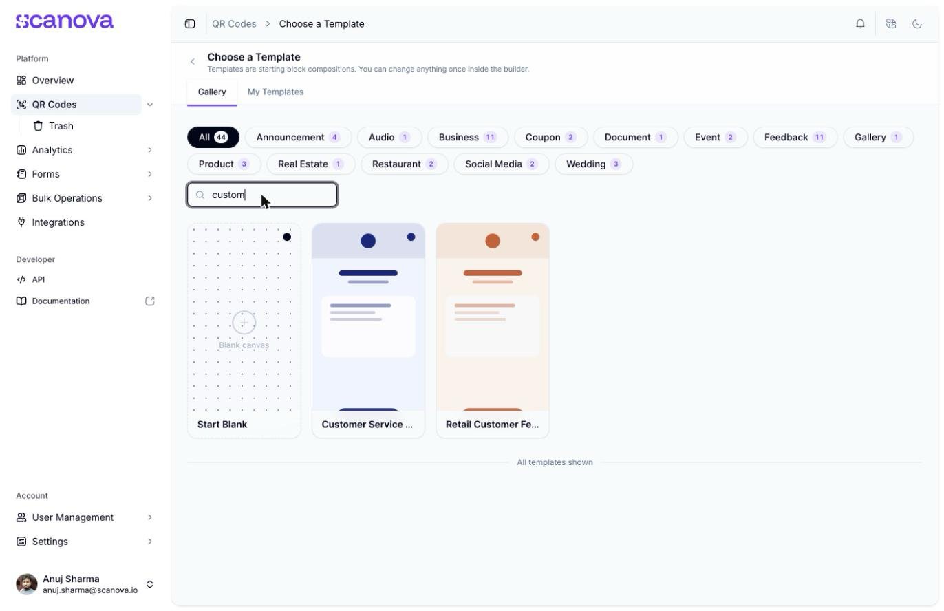 模板画廊搜索框显示 'No templates match «custom»',仅剩 Start Blank 可见