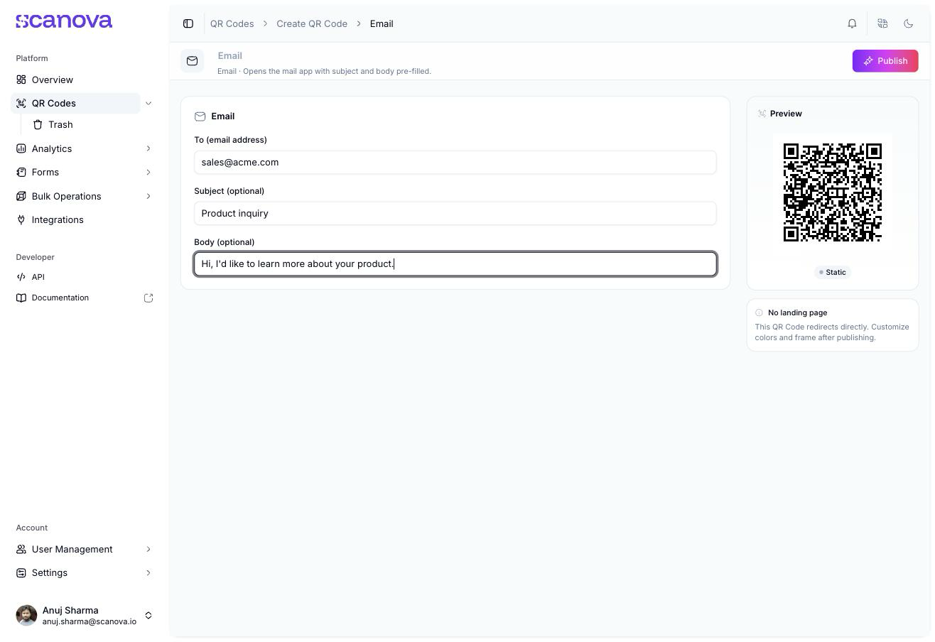 Email Quick Code form with the To field filled in with sales@acme.com, a subject and body message