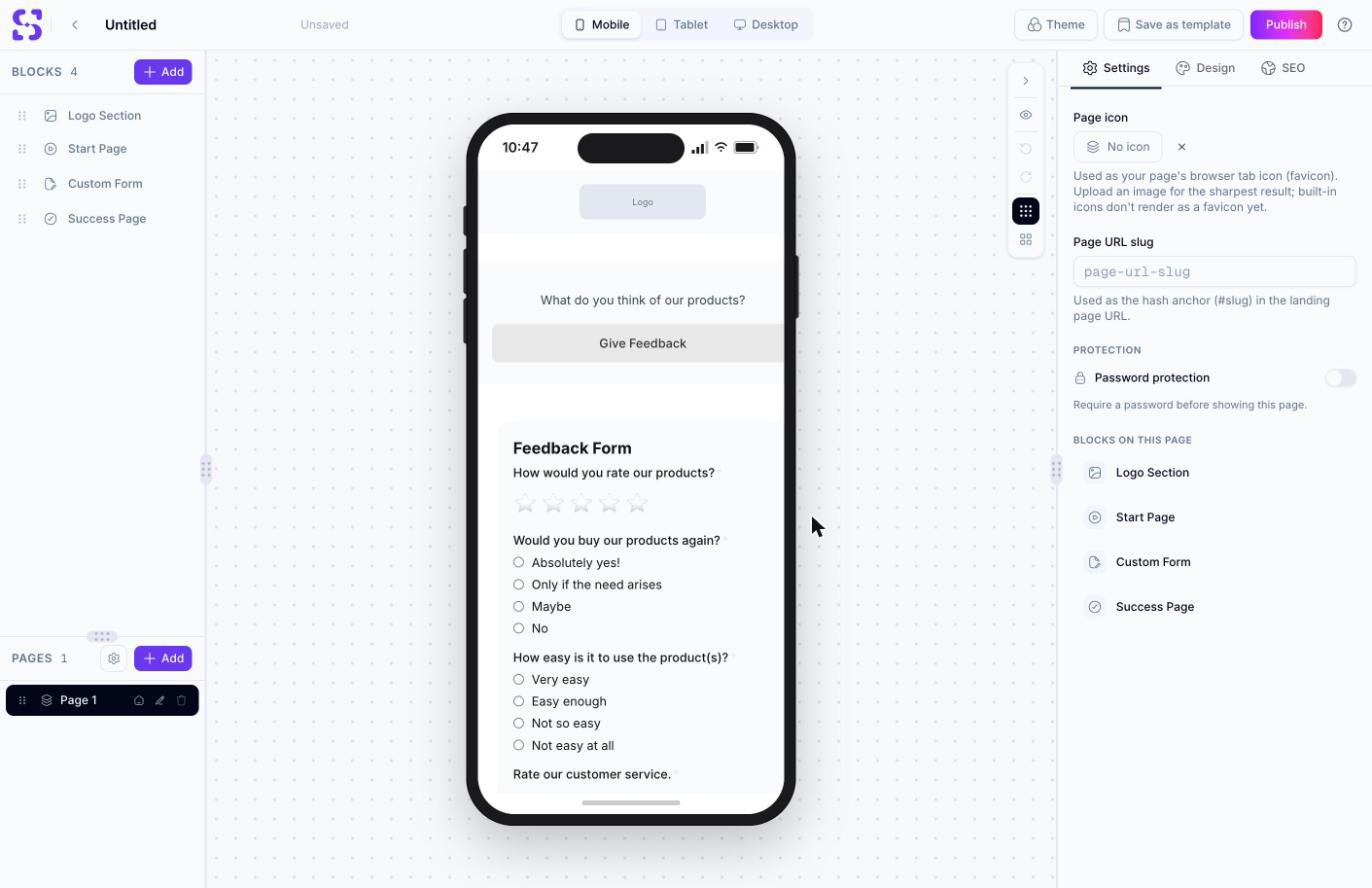 Page Builder 画布，展示 Product Feedback 模板，包含 Logo Section、Start Page、Custom Form 和 Success Page 区块