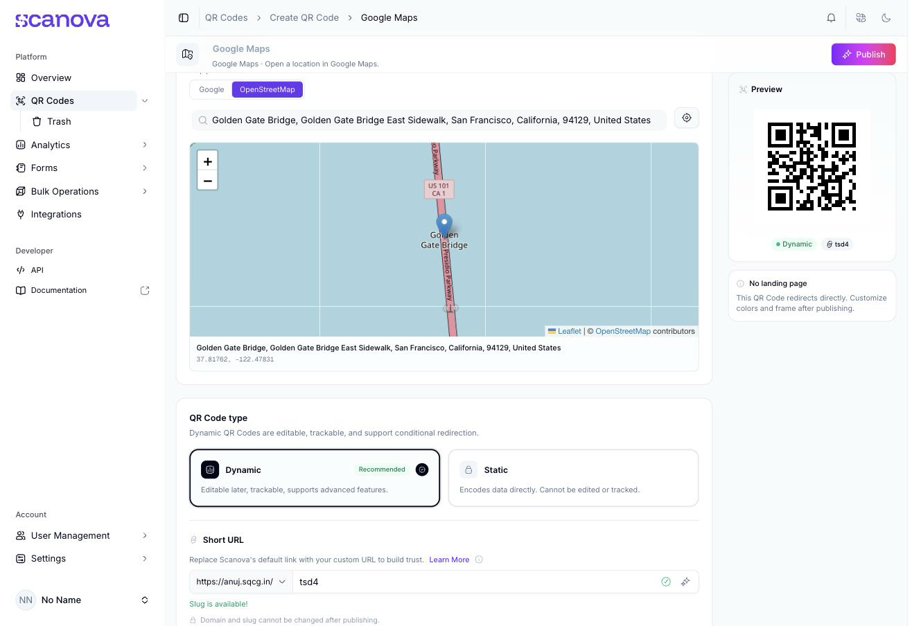Google Maps Quick Code form on the OpenStreetMap provider showing a pin dropped on Golden Gate Bridge