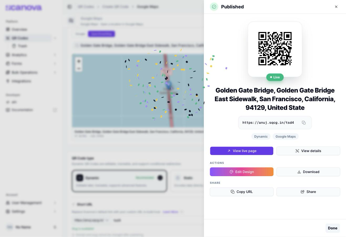Published confirmation panel for a Google Maps QR Code, showing the QR Code image, a Live badge, the short URL