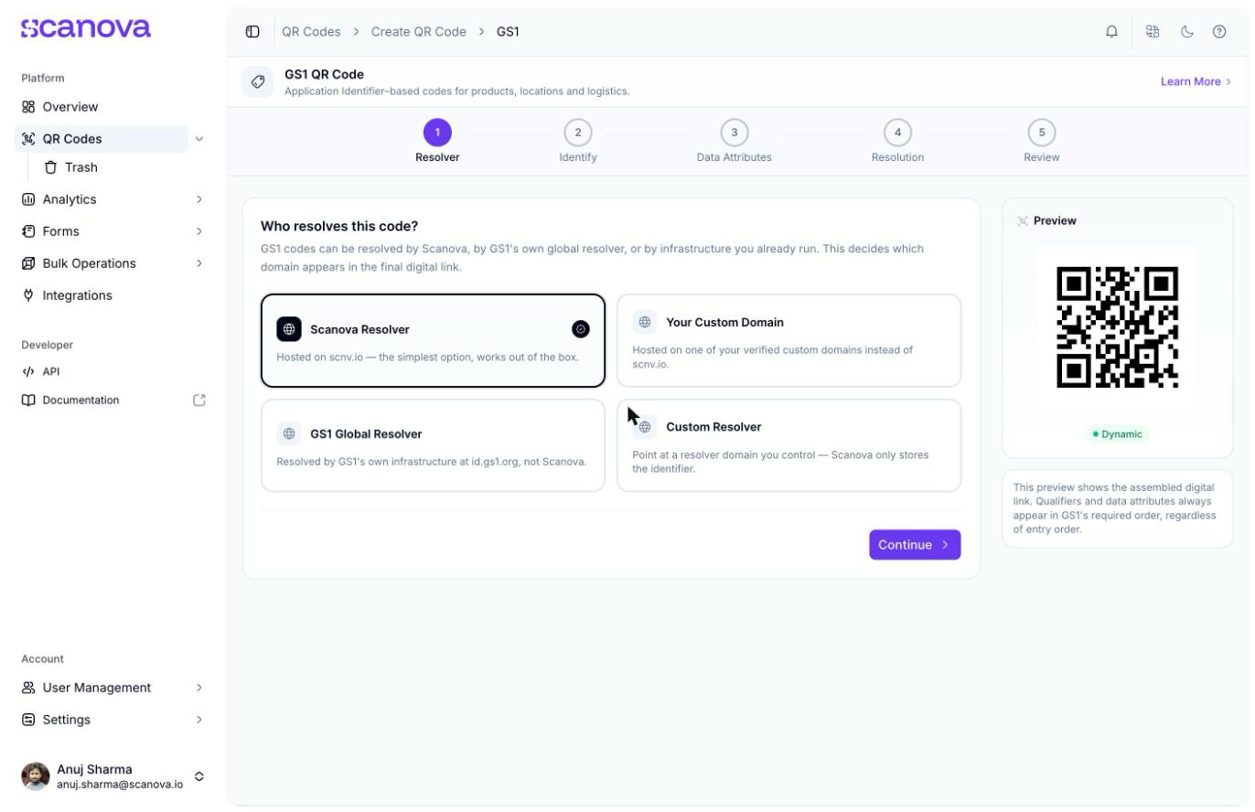 الخطوة 1 من معالج GS1، وهي Resolver، تعرض أربعة خيارات مُحلِّل مع تحديد Scanova Resolver كخيار افتراضي