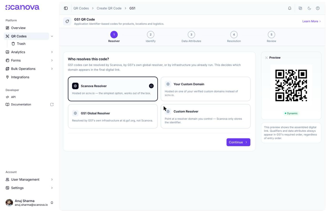 الخطوة 1 من معالج GS1، وهي Resolver، تعرض أربعة خيارات مُحلِّل مع تحديد Scanova Resolver كخيار افتراضي