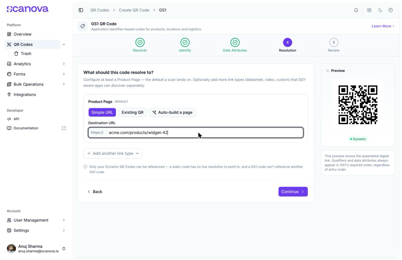 الخطوة 4 من معالج GS1، وهي Resolution، تعرض إدخال Product Page المطلوب مضبوطًا على Simple URL مع حقل وجهة، بالإضافة إلى خيار إضافة المزيد من أنواع الروابط