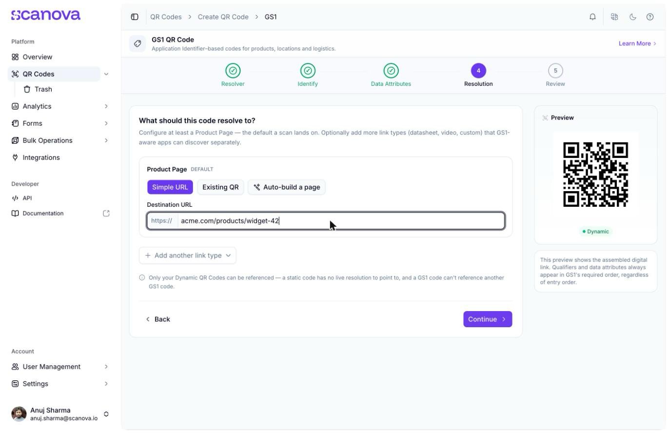 الخطوة 4 من معالج GS1، وهي Resolution، تعرض إدخال Product Page المطلوب مضبوطًا على Simple URL مع حقل وجهة، بالإضافة إلى خيار إضافة المزيد من أنواع الروابط