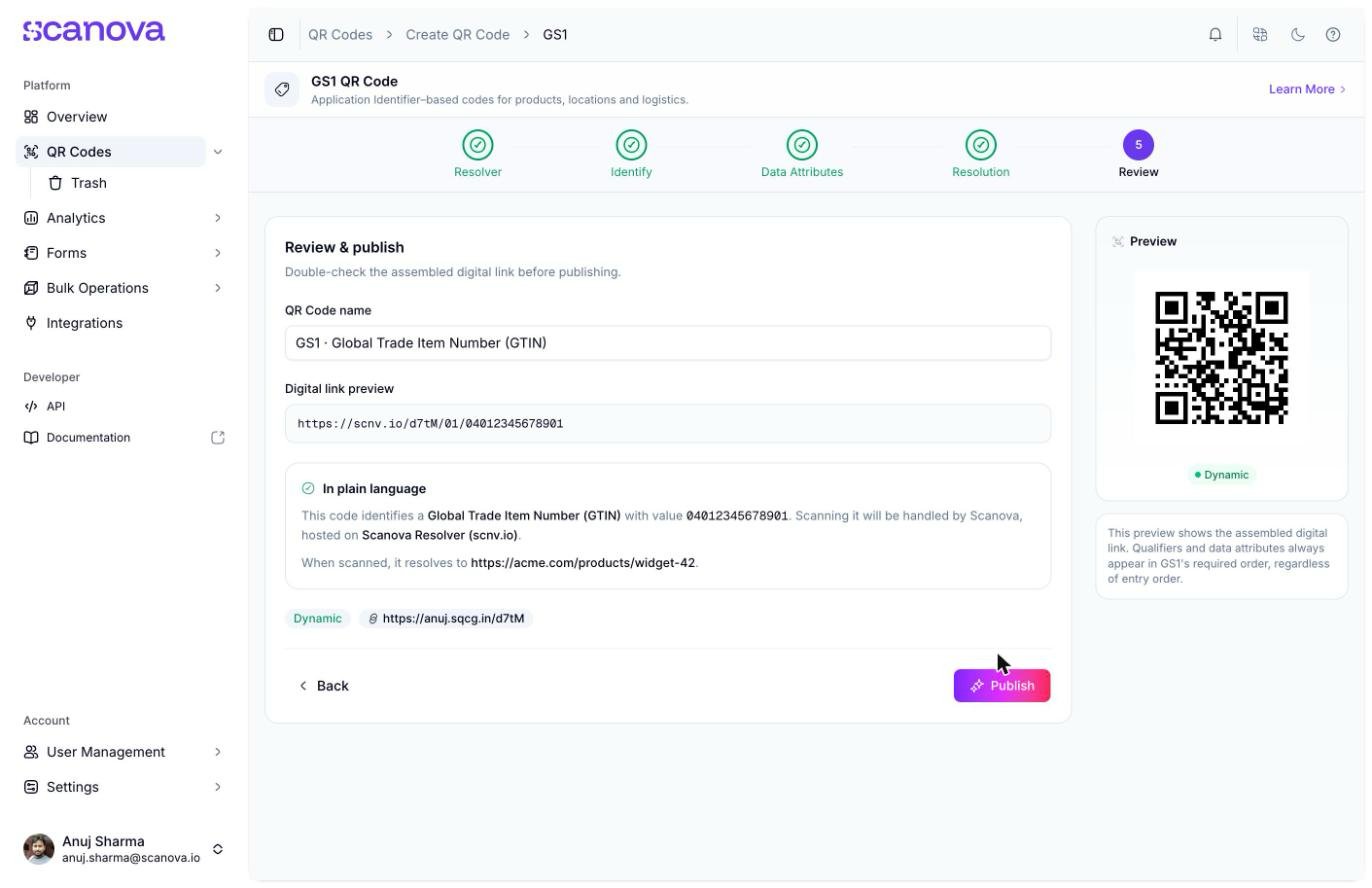 الخطوة 5 من معالج GS1، وهي Review and publish، تعرض الرابط الرقمي المجمّع، وملخصًا بلغة واضحة، وزر Publish