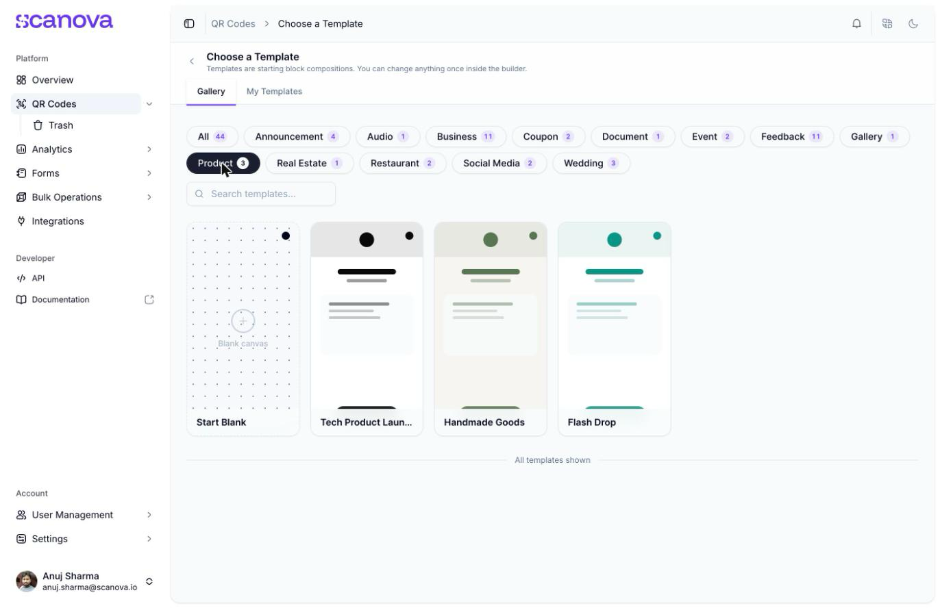 معرض القوالب مُصفّى بوسم Product، يعرض قوالب Tech Product Launch وHandmade Goods وFlash Drop بالإضافة إلى خيار Start Blank
