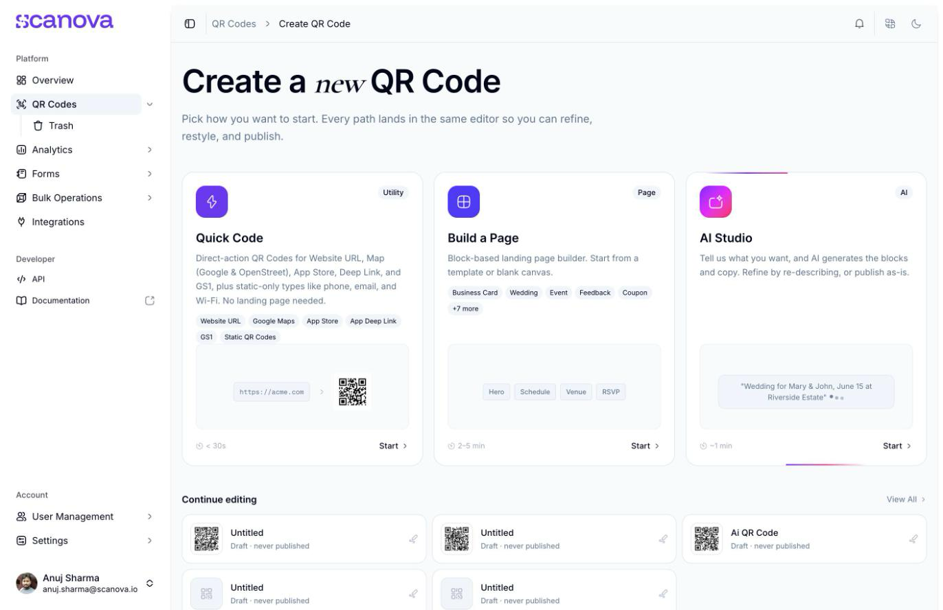 Create-QR-Code-Hub mit der AI-Studio-Karte oben links, mit einem Schloss-Symbol, dem AI-Badge, einem Beispiel-Prompt und einer Upgrade-Schaltfläche anstelle von Start
