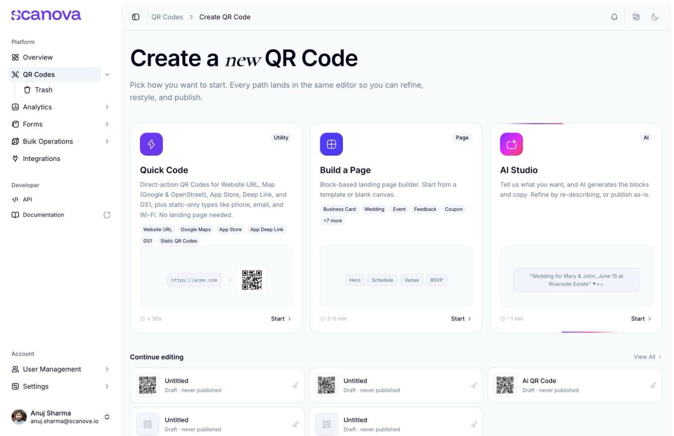 Create-QR-Code-Hub mit der AI-Studio-Karte oben links, mit einem Schloss-Symbol, dem AI-Badge, einem Beispiel-Prompt und einer Upgrade-Schaltfläche anstelle von Start
