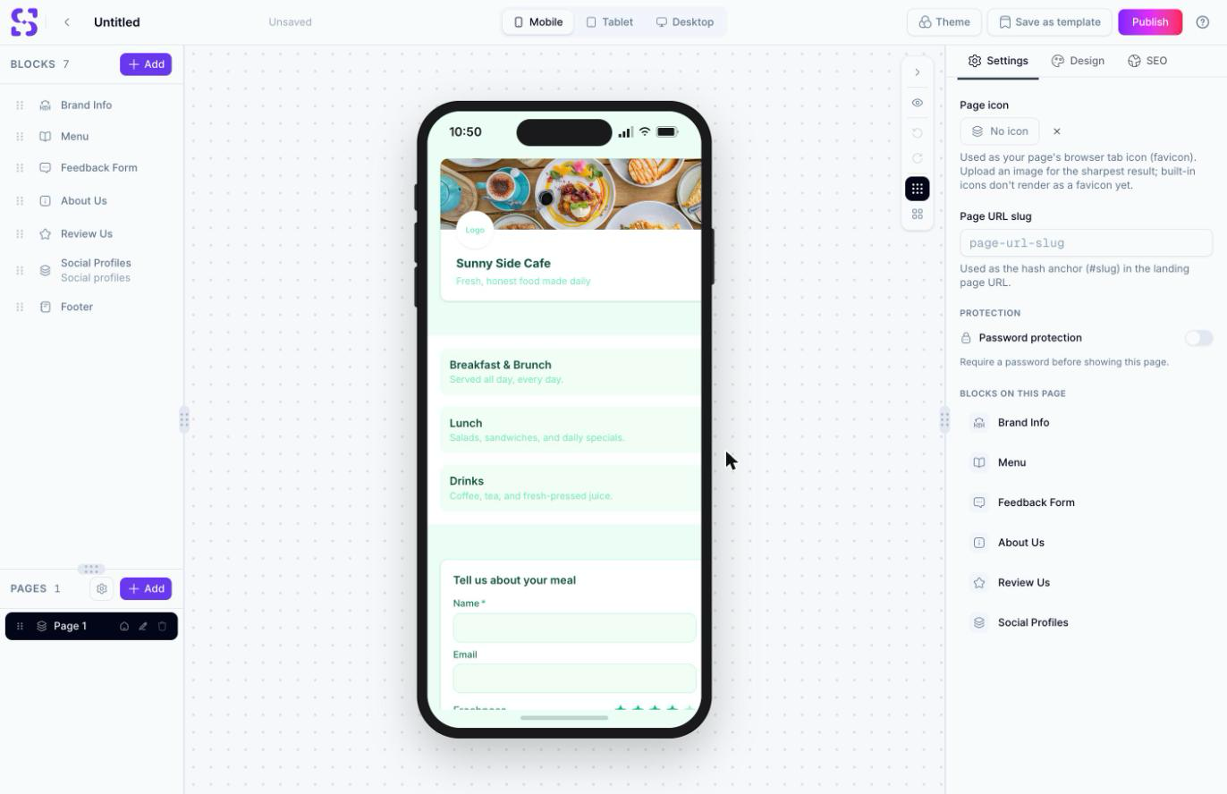 Page-Builder-Canvas mit der Restaurant-Vorlage Casual Cafe und den Blöcken Brand Info, Menu, Feedback Form, About Us, Review Us, Social Profiles und Footer