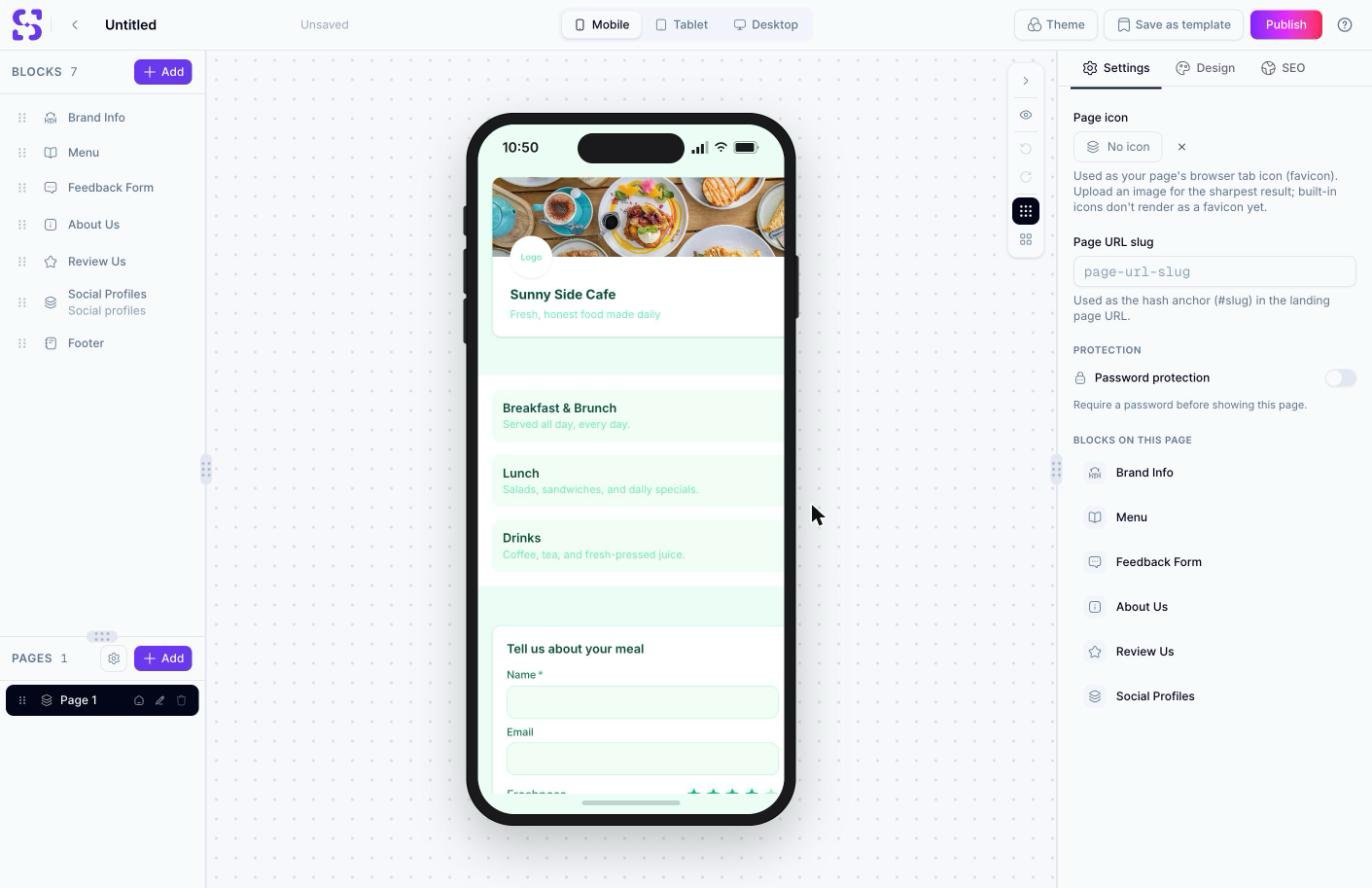 Page Builder 画布,展示 Casual Cafe 餐厅模板,包含 Brand Info、Menu、Feedback Form、About Us、Review Us、Social Profiles 和 Footer 区块