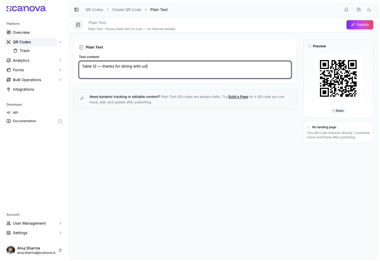 Plain-Text-Quick-Code-Formular mit dem ausgefüllten Textfeld Text content mit einer kurzen Nachricht, plus einer Live-QR-Vorschau rechts