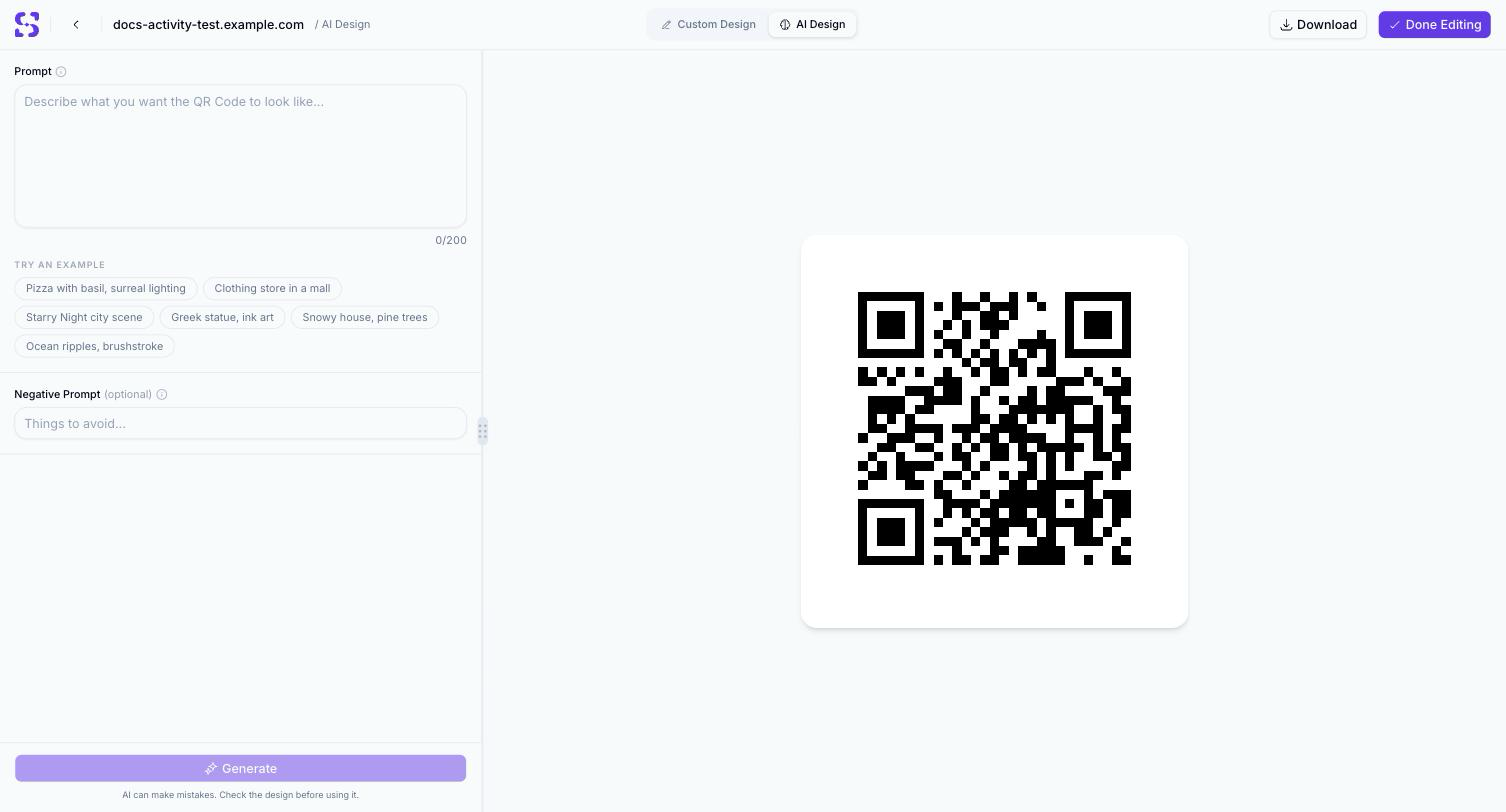 AI Design panel with a Describe what you want the QR Code to look like prompt box