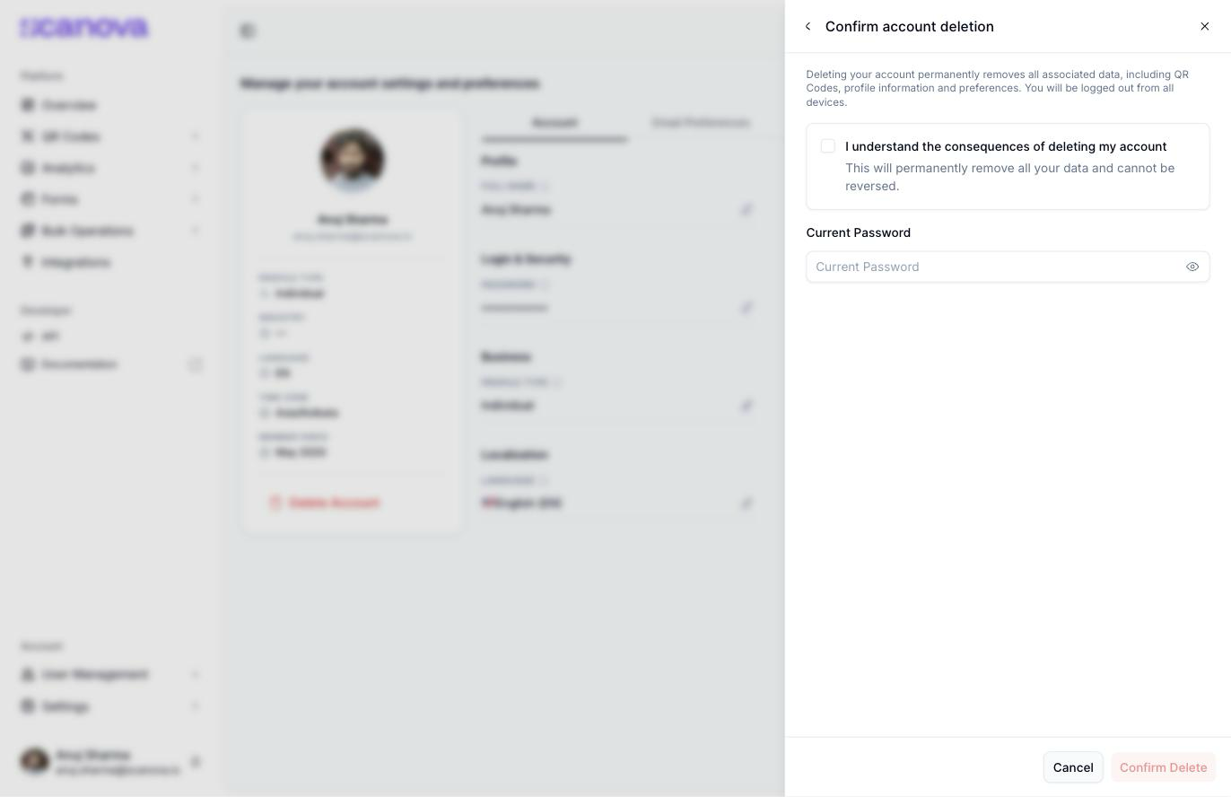 Confirm account deletion step with an acknowledgement checkbox, a Current Password field