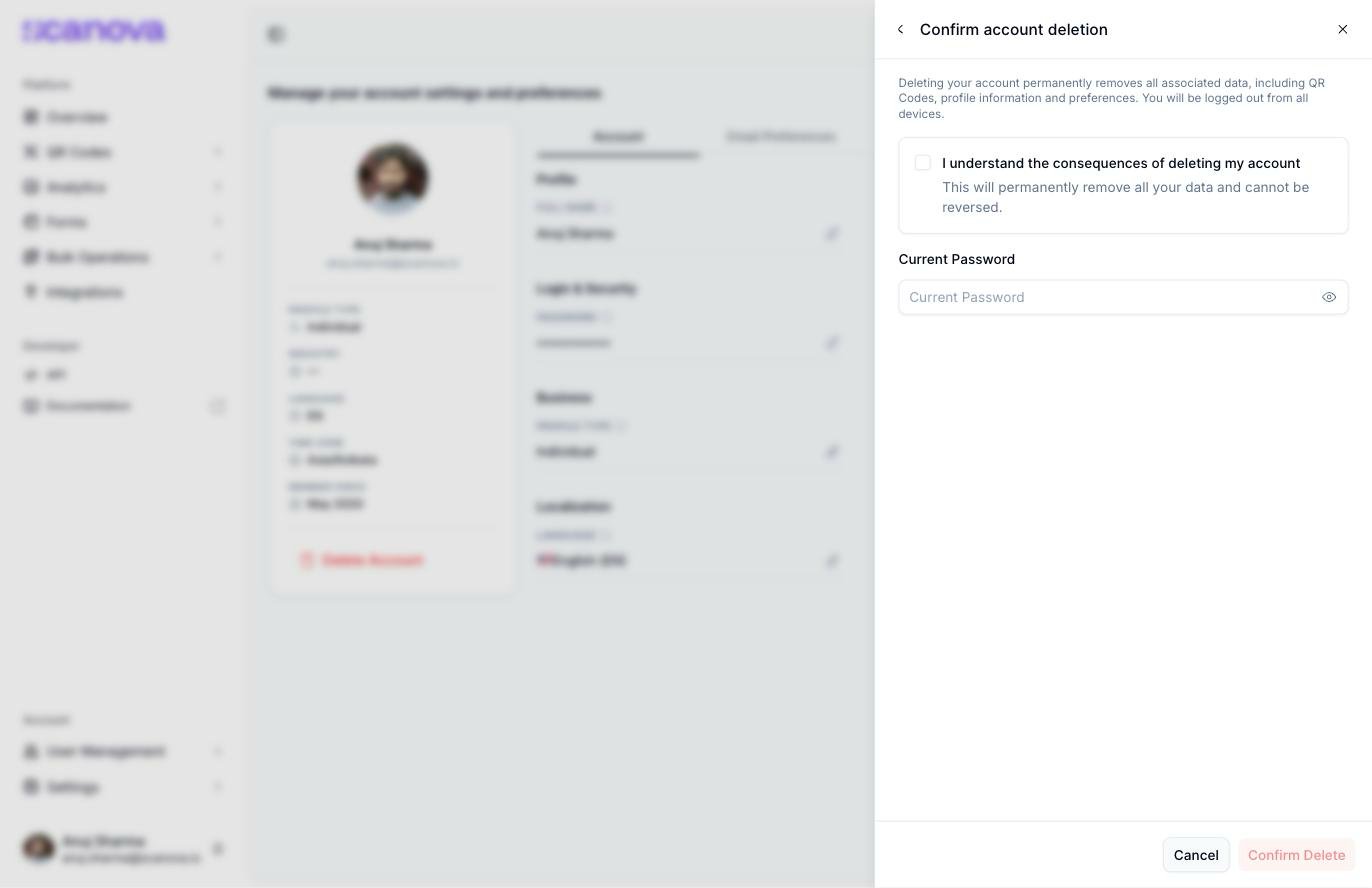 Confirm account deletion step with an acknowledgement checkbox, a Current Password field
