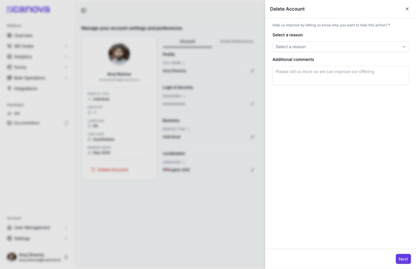 Delete Account drawer asking 'Help us improve by letting us know why you want to take this action?' with a Select