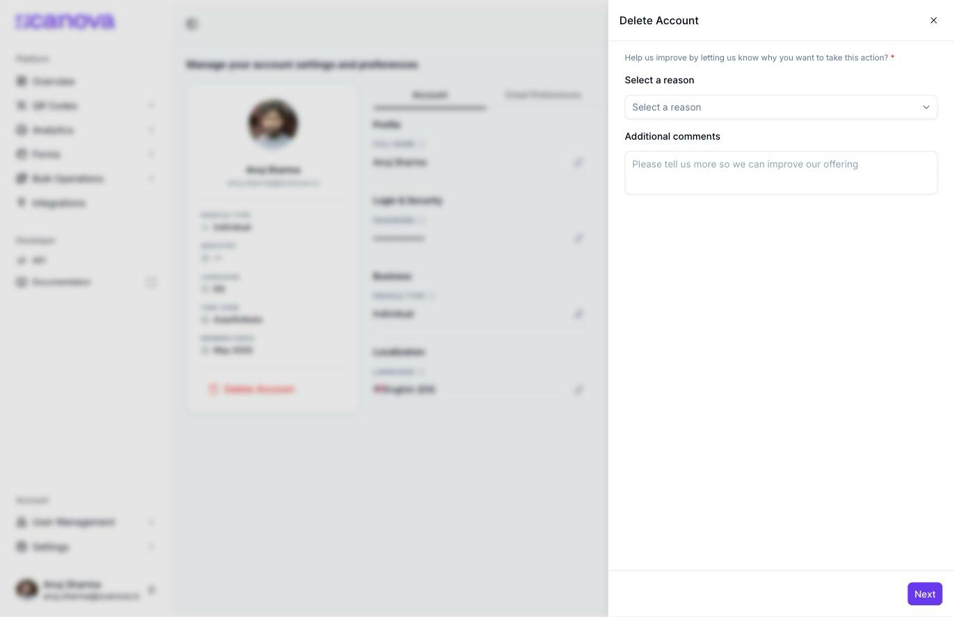 Delete Account drawer asking 'Help us improve by letting us know why you want to take this action?' with a Select