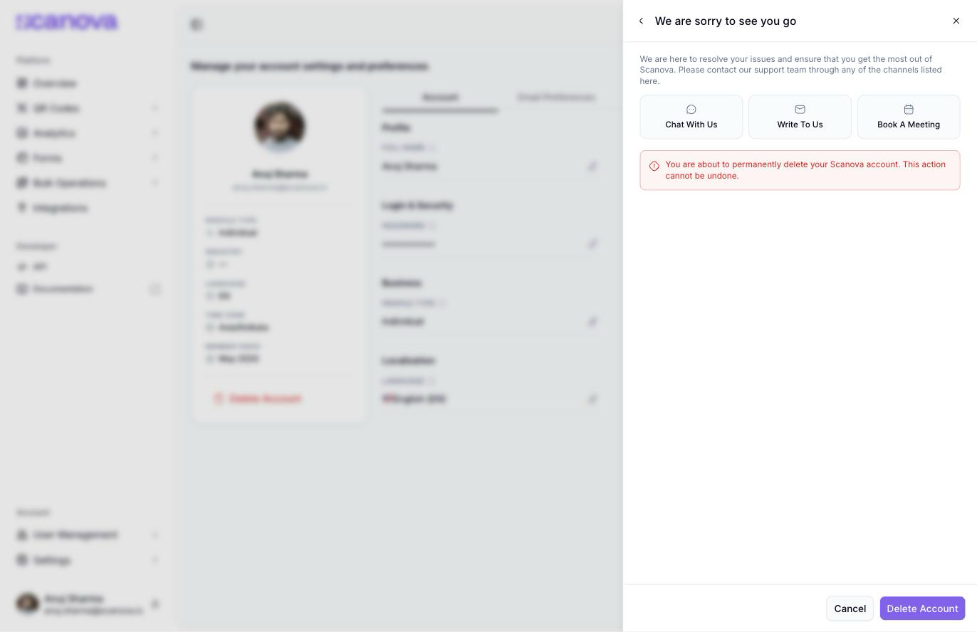 We are sorry to see you go screen listing Scanova features you'd lose