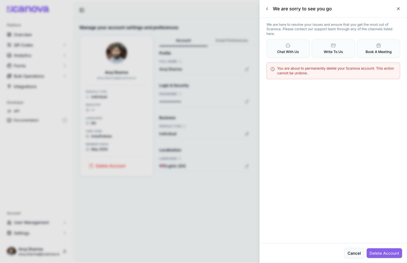 We are sorry to see you go screen listing Scanova features you'd lose