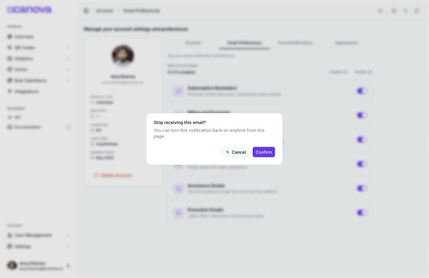 مربع حوار تأكيد Stop receiving this email؟ يحمل الرسالة You can turn this notification back on anytime from this page، مع زرَّي Cancel وConfirm