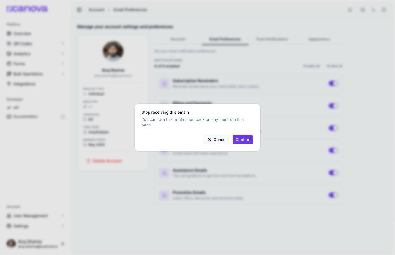 مربع حوار تأكيد Stop receiving this email؟ يحمل الرسالة You can turn this notification back on anytime from this page، مع زرَّي Cancel وConfirm