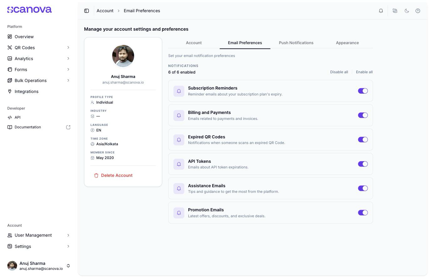 علامة تبويب Email Preferences تعرض رأسية Notifications تقول 6 of 6 enabled مع رابطي Disable all وEnable all، تليها ستة صفوف تبديل: Subscription Reminders، وBilling and Payments، وExpired QR Codes، وAPI Tokens، وAssistance Emails، وPromotion Emails