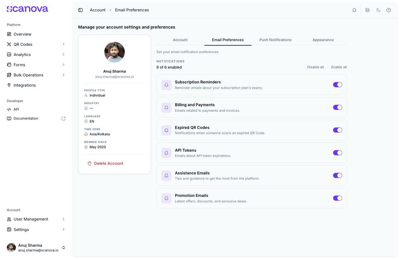 علامة تبويب Email Preferences تعرض رأسية Notifications تقول 6 of 6 enabled مع رابطي Disable all وEnable all، تليها ستة صفوف تبديل: Subscription Reminders، وBilling and Payments، وExpired QR Codes، وAPI Tokens، وAssistance Emails، وPromotion Emails