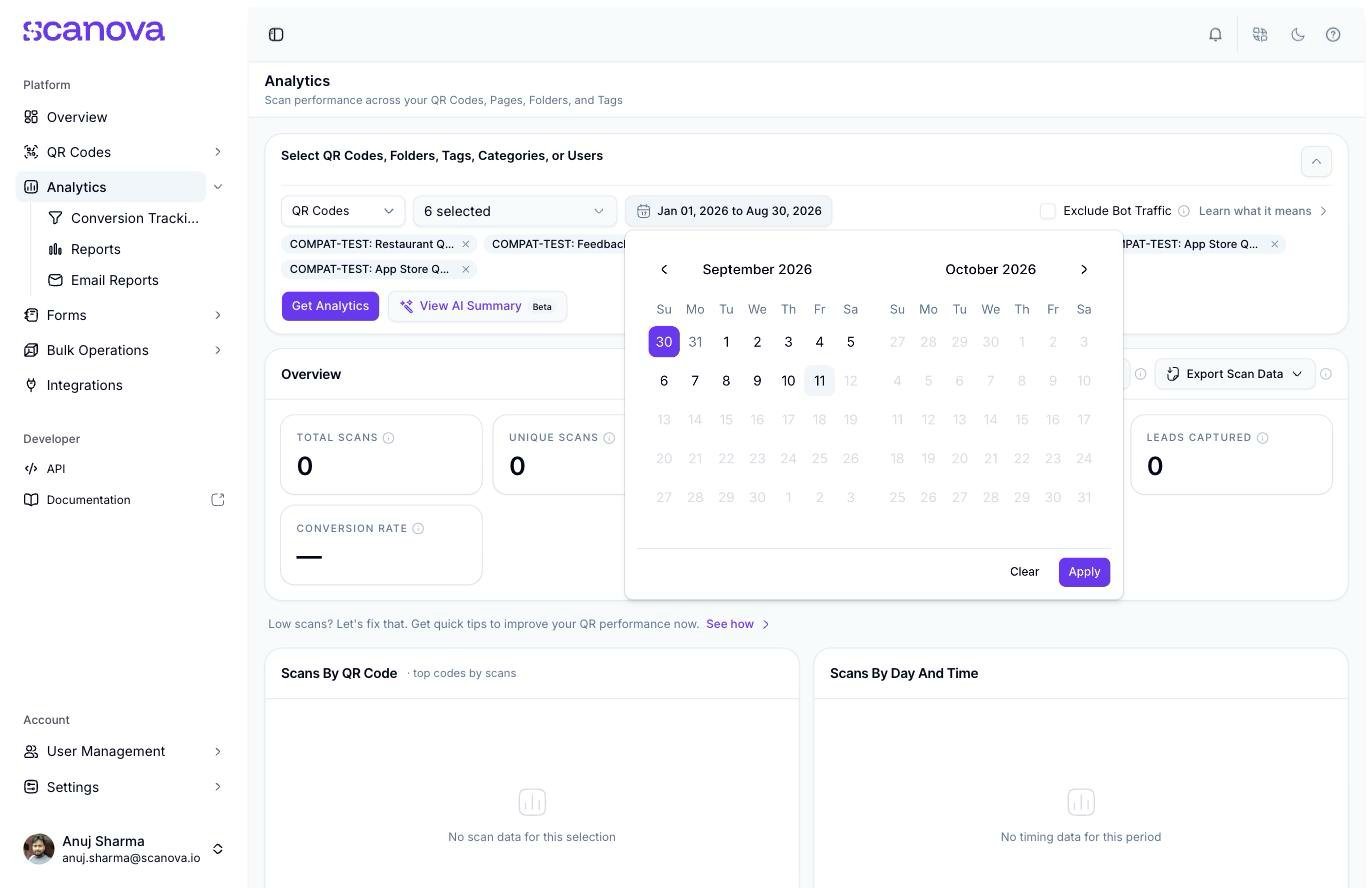 أداة اختيار نطاق تاريخ بتقويم لشهرين في لوحة تحكم Scanova Analytics، مع زرَي Clear وApply