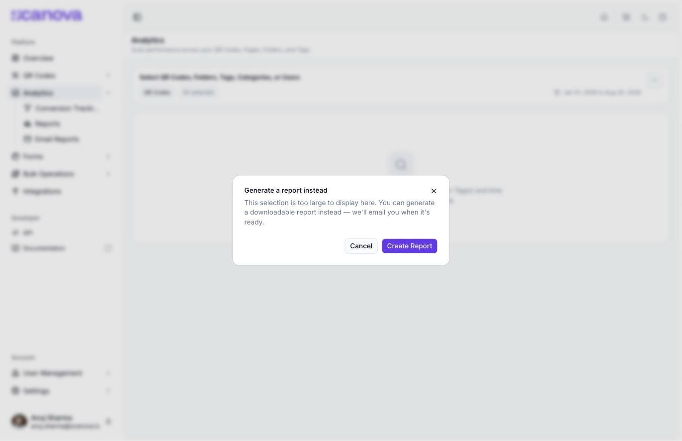 Generate a report instead dialog, shown when an analytics selection is too large to render live