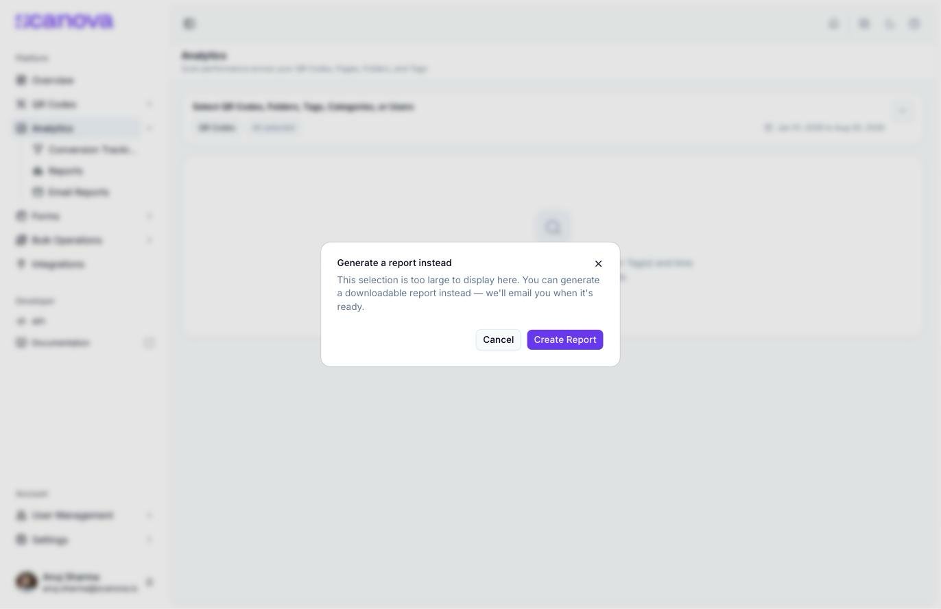 Generate a report instead dialog, shown when an analytics selection is too large to render live