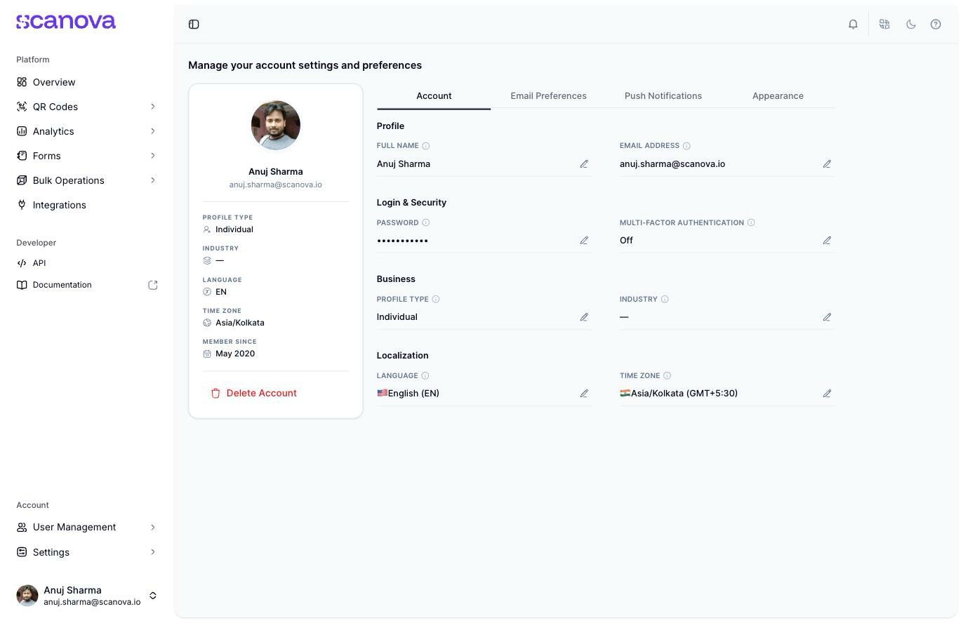 Page de compte Scanova affichant la section Login and Security avec les champs Password et Multi-Factor Authentication, ce dernier affichant Off avec une icône crayon