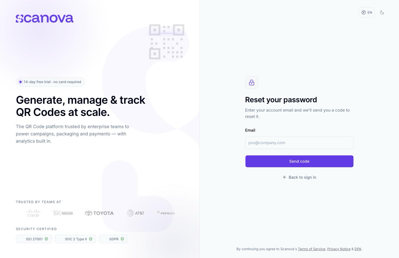Écran Reset your password avec un champ Email, un bouton Send code, et un lien Back to sign in