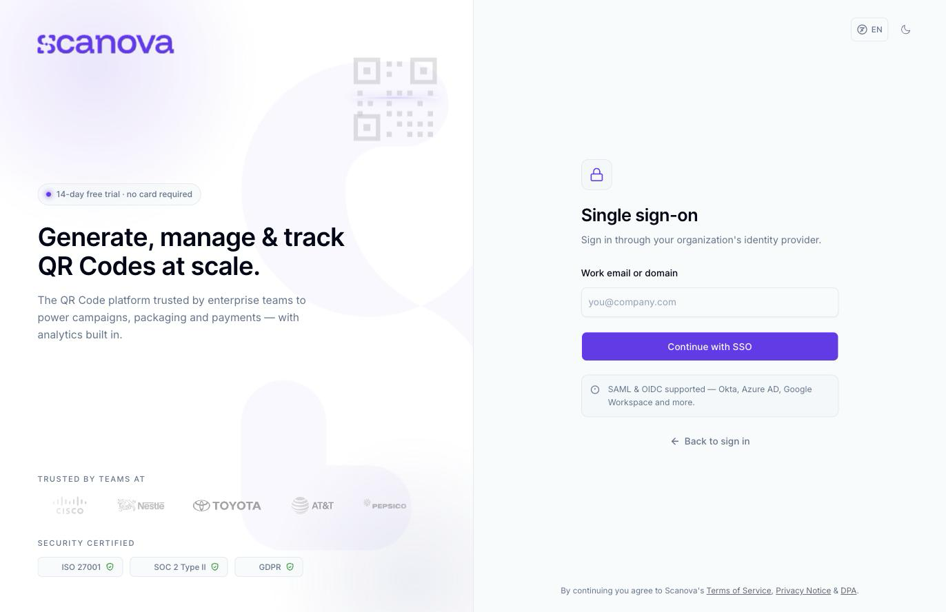 Single sign-on 界面，带有一个 Work email or domain 字段、一个 Continue with SSO 按钮，以及一条说明支持 Okta、Azure AD、Google Workspace 等的 SAML 和 OIDC 的提示